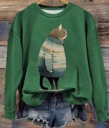 abordables -Sudadera de mujer con estampado de gato, ropa deportiva informal, ropa deportiva activa, cuello redondo, manga larga, top microelástico, caída&amp;Tejido suave, transpirable y cómodo para el invierno.