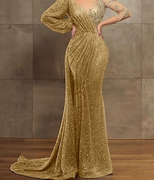olcso -flitter sellő / trombita estélyi ruha pezsgő arany elegáns ruha formális piros zöld ruha udvari vonat hosszú ujjú illúzió nyak flitteres ráncokkal 2024