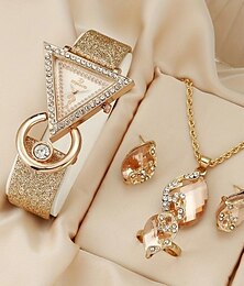 abordables -5 unids/set reloj de mujer reloj de cuarzo con puntero triangular de lujo reloj de pulsera analógico con diamantes de imitación brillantes & conjunto de joyas, regalo para mamá ella