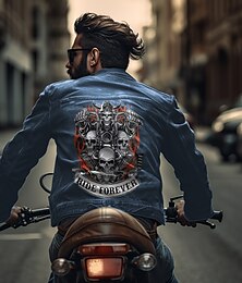 cheap -Skulls Casual Men's Coat Denim Jacket Sports & Outdoor Going out Weekend Fall & Winter Turndown Long Sleeve Black Blue M L XL Denim Jacket