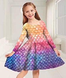cheap -Girls' 3D Mermaid Dress Long Sleeve 3D Print Fall Winter Sports & Outdoor Daily Holiday Cute Casual Beautiful Kids 3-12 Years Casual Dress A Line Dress Above Knee Polyester Regular Fit