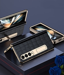 voordelige -Leren telefoonhoesje voor Samsung Galaxy Z Fold 5 4 3 Fold4 Fold5 verguld magnetisch scharnier stand achterkant met spiegelfilm
