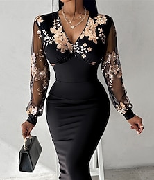 Χαμηλού Κόστους -Γυναικεία Μαύρο φόρεμα Φόρεμα για πάρτυ Πούλιες Δίχτυ Λαιμόκοψη V Μακρυμάνικο Μίντι φόρεμα Κομψό Λάμψη Μαύρο Καλοκαίρι Άνοιξη