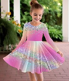 cheap -Girls' 3D Color Gradient Dress Long Sleeve 3D Print Fall Winter Sports & Outdoor Daily Holiday Cute Casual Beautiful Kids 3-12 Years Casual Dress A Line Dress Above Knee Polyester Regular Fit