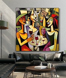 abordables -Estilo Picasso chica abstracta familia feliz bebiendo pintura al óleo pintada a mano sobre lienzo figura nórdica moderna imagen de arte de pared hecha a mano decoración de sala de estar sin marco