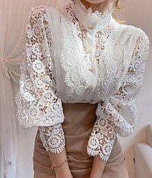 Χαμηλού Κόστους -Γυναικεία Δαντελένιο πουκάμισο Μπλούζα Κορυφή ματιών Λευκό πουκάμισο με δαντέλα Μονόχρωμο Καθημερινά Τρύπα Μαύρο Κομψό Μοντέρνα Κομψό & Πολυτελές Κολάρο Πουκαμίσου Άνοιξη Φθινόπωρο