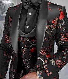 お買い得  -黒 赤 メンズ プロム スーツ ウェディング プロム タキシード 3 ピース ショールカラー 刺繍 ジャカード 花柄 鳥柄 プラスサイズ シングルブレスト ワンボタン 2024
