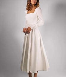 abordables -Robes de mariée simples, ligne a, col carré, manches longues, longueur thé, tissu extensible, avec plis, couleur unie, 2024