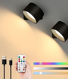 abordables -Lot de 2 lampes murales LED avec télécommande, lampe à rondelle à capteur, fonctionne sur batterie rechargeable de 3000 mAh, lumière sans fil tricolore à intensité variable, rotation magnétique à 360