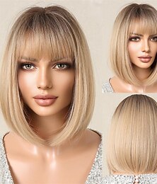 economico -parrucca bionda bob ombre con frangia parrucche corte diritte naturali per donne parrucche sintetiche lunghe fino alle spalle per cosplay quotidiano