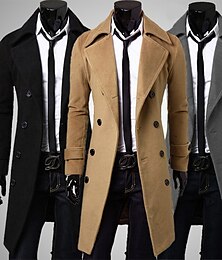 abordables -Homme Manteau d'hiver Manteau Caban Trench Formel Entreprise Hiver Polyester Chaud Vêtements d'extérieur Vêtement Tenue Manteaux / Vestes Couleur unie Le style rétro Revers Cranté