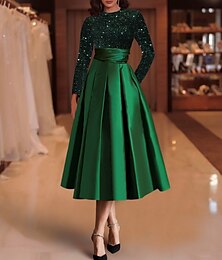 cheap -A-Line Cocktail Dresses Elegant Sparkle Wedding Guest Dress Red Green Dress Tea Length Long Sleeve Jewel Neck Satin with Pleats Sequin 2024