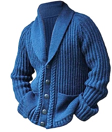 baratos -Suéter cardigã masculino cardigã robusto suéter cortado com botão regular gola xale lisa vintage aquecimento casual roupa diária vestuário mangas raglan outono inverno azul m l xl