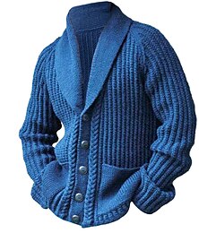 preiswerte -Herren-Cardigan-Pullover, Grobstrick-Cardigan, Kurzpullover, Zopfmuster, normale Passform, Knopfleiste, einfarbig, Schalkragen, Vintage-Stil, Aufwärmpullover, Freizeitkleidung, Alltagskleidung, Bekleidung, Raglanärmel, Herbst, Winter, Blau, M, L, XL