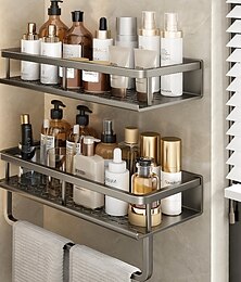 abordables -Accesorios de baño estante organizador estante de almacenamiento para ducha espacio montado en la pared gris estantes de soporte de champú para inodoro de aluminio