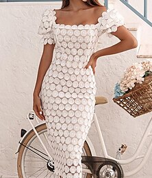 economico -Per donna Abito da sposa in pizzo bianco con manica Squadrata Manica corta Vestito longuette Feste Regalo Elegante Nero Bianco Estate Primavera