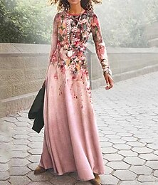economico -Abito maxi donna Abito casual Abito a ruota Abito floreale Abito lungo rosa maniche lunghe stampa floreale estate primavera girocollo moda abito estivo appuntamento quotidiano