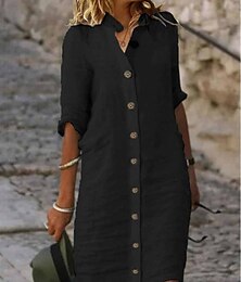 economico -Per donna Nero Bianco Giallo Estate Primavera Mini Abito Abiti ispirati al lino Abito nero Abito Camicia Essenziale Moderno Quotidiano Weekend Vestibilità comoda Semplice Colletto a Camicia