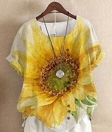 preiswerte -Damen T-Shirt Sonnenblume Mode Leinenoptik Kurzarm Rundhalsausschnitt Reguläre Tops Urlaub Wochenende Knöpfe Druck Gelb Sommer