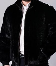 levne -Pánské Zimní bunda Kabát z umělé kožešiny Denní Teplý Zip Kapsy Podzim Zima Pevná barva Módní Šik ven Klopa Standardní Umělá kožešina Černá Saka