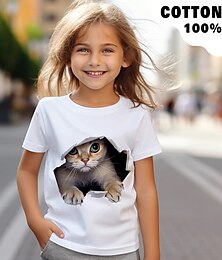 billiga -Flickor 3D Katt T-shirt Skjortor Kortärmad 3D-tryck Sommar Aktiv Mode söt stil 100 % bomull Barn 3-12 år Rund hals Utomhus Ledigt Dagligen Normal