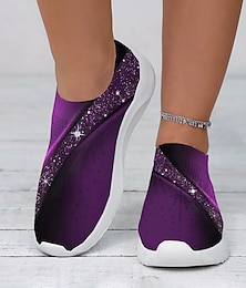 abordables -Zapatillas de deporte de moda sin cordones Flyknit con estampado morado para mujer: calzado informal ligero y transpirable para caminar y comodidad diaria
