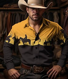 baratos -Cactus Cowboy Vintage western style Men's Shirt Western Shirt Outdoor Street Casual Daily Fall & Winter Turndown Long Sleeve Yellow Green khaki S M L Shirt