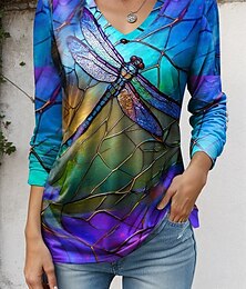cheap -Women's T shirt Tee Floral Animal Dragonfly Print Casual Holiday Fashion Long Sleeve V Neck Navy Blue Spring &  Fall