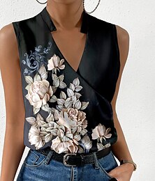 economico -Top Cami da Donna Moda Stampa a Fiori Senza Maniche Regolari Collo a V Casual Festivo Nero Estate