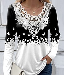 abordables -Blusa camiseta tunica de mujer moda mariposa abstracto lace patchwork impresión manga larga tops regulares cuello redondo casual negro blanco azul caqui gris primavera y otoño