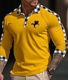 cheap -Men's Sport Polo Button Up Polos Casual Sports Lapel Long Sleeve Fashion Basic Plaid Color Block Button Embroidery Spring &  Fall Regular Fit White Yellow Blue Dark Blue Sport Polo