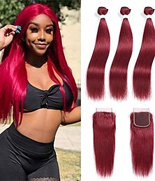 cheap -Red Hair Bundles Remy Hair 100% Brazilian Human Hair Straight Burgundy Weave Bundles with Lace Front Closure Hair Extension for Black Women Mixed Length