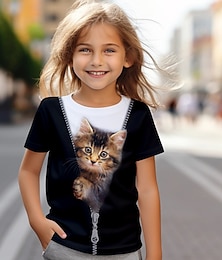 お買い得  -女の子 3D 猫 Ｔシャツ シャツ 半袖 3Dプリント 夏 活発的 ファッション かわいいスタイル ポリエステル 子供 3〜12年 クルーネック アウトドア カジュアル 日常 レギュラー