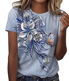 abordables -Femme T shirt Tee Floral Papillon Imprimer Casual Vacances Mode Manche Courte Col Rond Bleu Eté