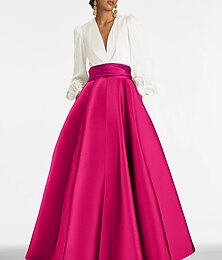 ieftine -Rochie de seară A-Line elegantă rochie formală pentru oaspete de nuntă de lungime pe podea cu mânecă lungă guler în V din satin cu plisuri