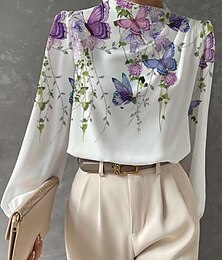 preiswerte -Damen Bluse Mode Floral Schmetterling Print Langarm Reguläre Oberteile Rundhalsausschnitt Arbeit Königsblau Blau Lila Grün Khaki Frühling  Herbst