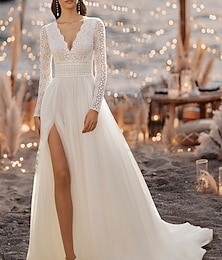 cheap -Beach Boho Wedding Dresses A-Line V Neck Long Sleeve Court Train Lace Bridal Gowns With Split Front 2024