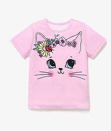 halpa -Tyttöjen 3D Piirretty Kissa T-paita Paita Pinkki Lyhythihainen 3D-tulostus Kesä Aktiivinen Muoti söpö tyyli Polyesteri Lapset 3-12 vuotta Tiukka pyöreä kaula-aukko ulko- Kausaliteetti Päivittäin