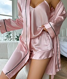 billiga -kvinnors valentine pyjamas morgonrock set 3 stycken ren färg mode avslappnad komfort hem daglig säng satin siden andas v wire långärmade shorts resår midja sommar vår hem outfits