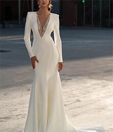 cheap -Formal Wedding Dresses Mermaid V Neck Long Sleeve Sweep / Brush Train Chiffon Bridal Gowns With Beading Solid Color 2025