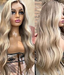 cheap -Remy Human Hair 13x4 Lace Front Wig Middle Part Brazilian Hair Wavy Blonde Wig 130% 150% Density Highlighted / Balayage Hair  Pre-Plucked For Women Long Human Hair Lace Wig