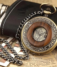 رخيصةأون -ساعة جيب ميكانيكية للرجال ذات قلّاب ريترو، نحت كلاسيكي للحبوب الخشبية، ساعة سلسلة معلقة للطلاب المجوفة