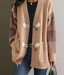cheap -Women's Cardigan Sweater Jacket V Neck Cable Knit Acrylic Pocket Fall Winter Regular Outdoor Valentine's Day Daily Stylish Casual Soft Long Sleeve Plaid Red Navy Blue Green S M L
