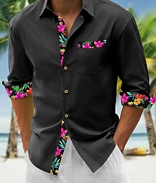 cheap -Men's Shirt Linen Shirt Button Up Shirt Beach Shirt Black White Pink Long Sleeve Floral Lapel Spring &  Fall Casual Daily Clothing Apparel Splice