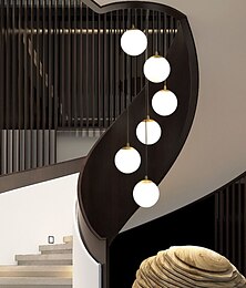 baratos -Lustre de escada 3/6/9 luz teto alto moderno led vidro redondo arte nórdica lustre longo branco sala de estar restaurante hotel corredor escadas de entrada