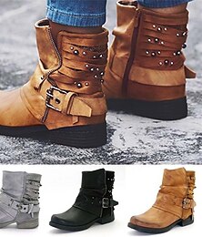 abordables -Botines de mujer con tiras y hebillas tachonadas, estilo retro casual para uso diario