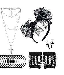 cheap -80s Ball Party Black Fishing Net Gloves Cross Necklace Bracelet Lace Headband Set