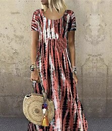 cheap -Women's Casual Dress Print Crew Neck Long Dress Maxi Dress Bohemia Boho Vacation Short Sleeve Summer