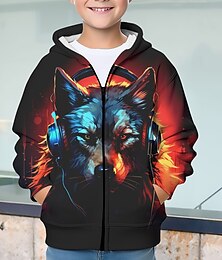 billiga -Karnival Pojkar 3D Varg Huvtröja Kappa Ytterkläder Långärmad Höst Vinter Aktiv Streetwear Häftig Polyester Barn 3-12 år Blixtlås Gata Dagligen Normal