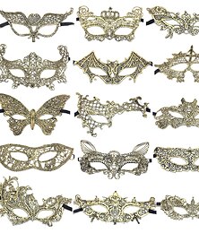 abordables -15 Pcs Máscara de Encaje Dorado Caliente Maquillaje de Fiesta Máscara de Halloween Máscara de un ojo Zorro Divertida Regalo de San Valentín